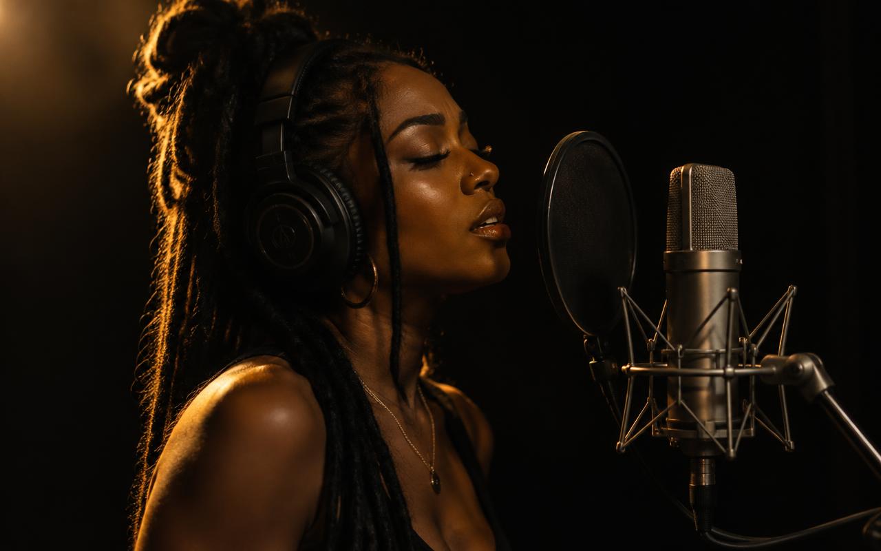 Independent recording artist singing into a studio microphone
