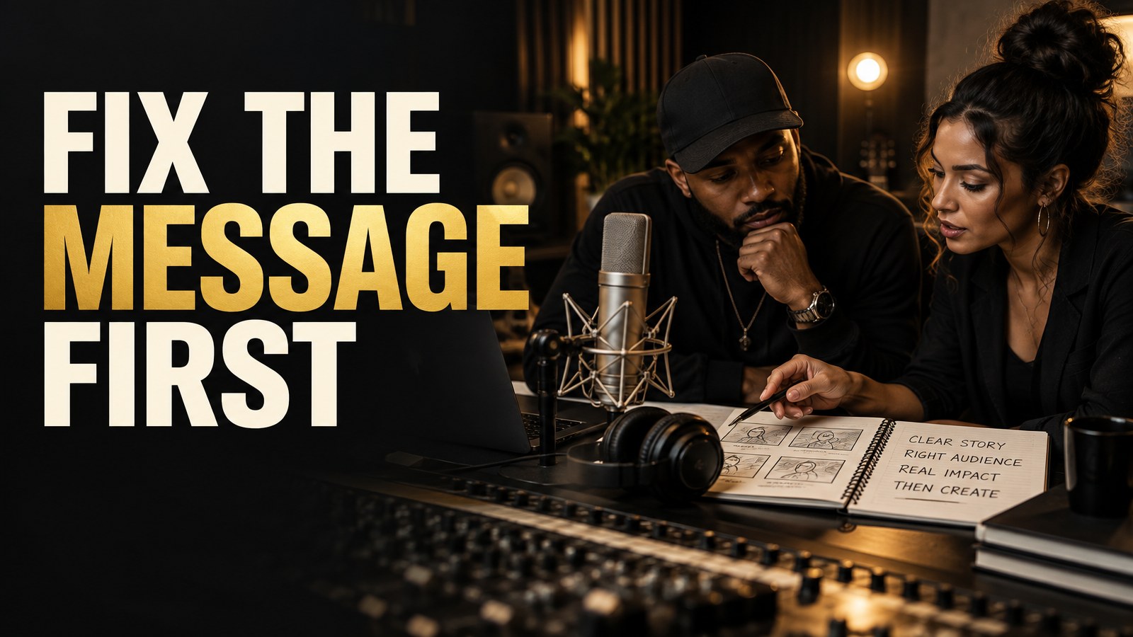 Independent artist and music producer planning a clear campaign message in a studio with the words Fix the Message First