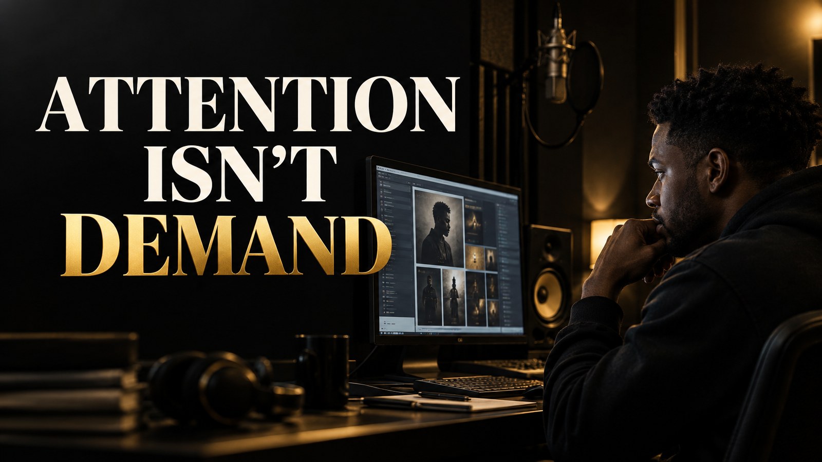Independent artist reviewing a music campaign in a recording studio with the words Attention Isn't Demand