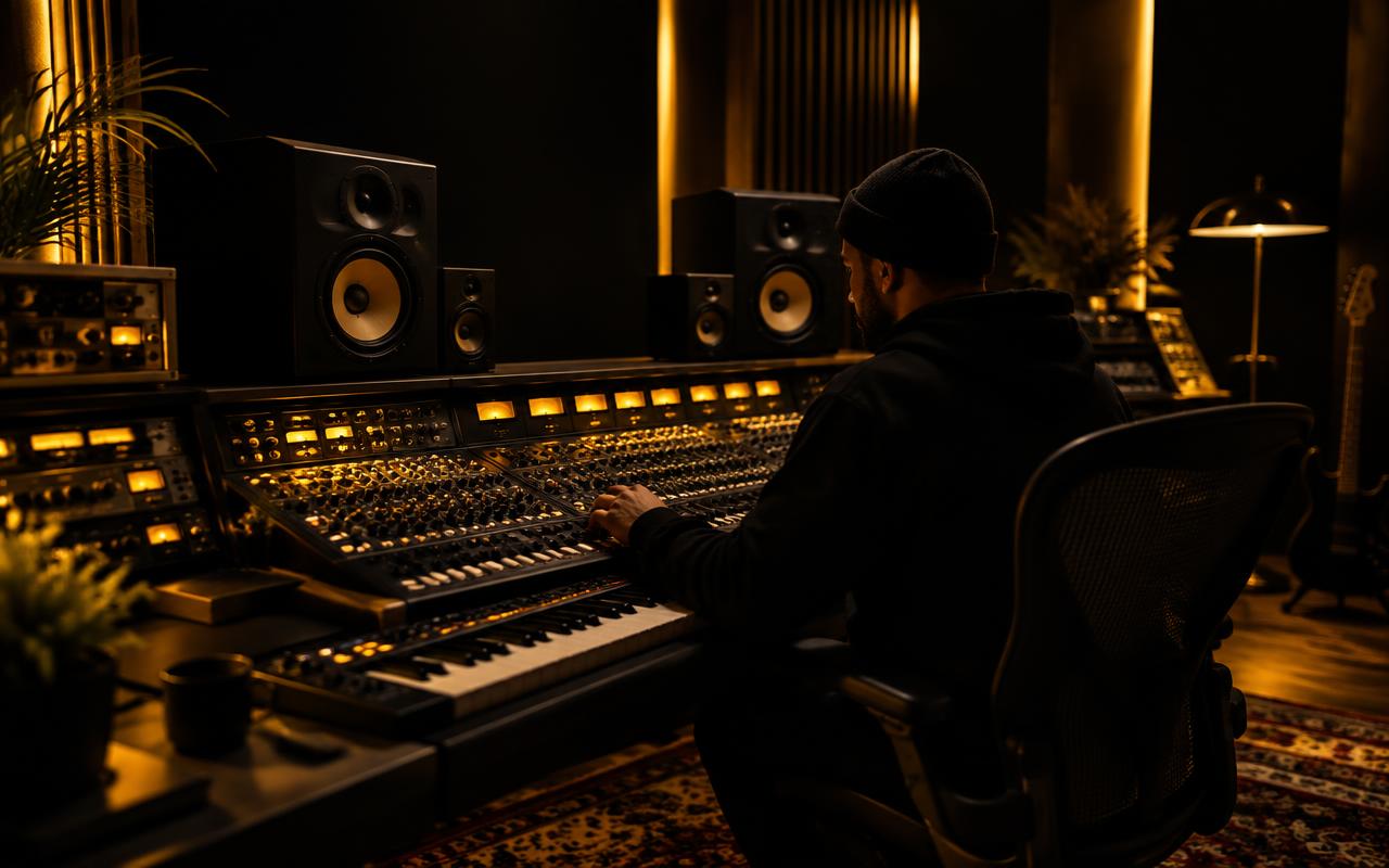 Music producer working at a mixing console in a professional studio