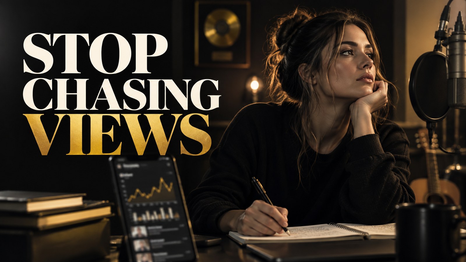 Independent artist planning music promotion beside performance metrics with the words Stop Chasing Views