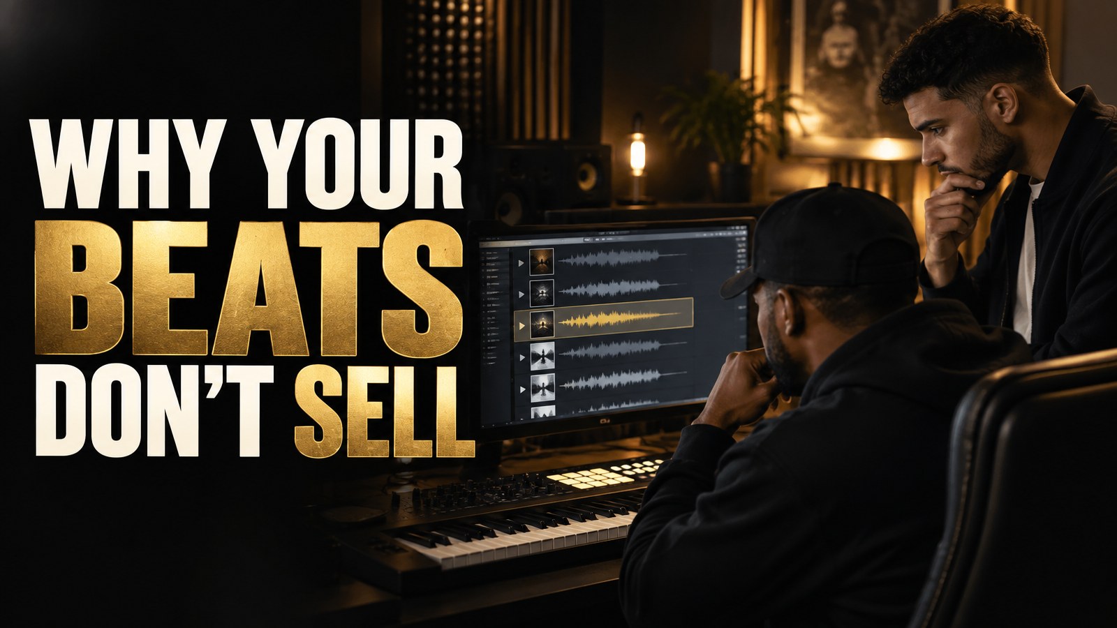 Music producer and recording artist reviewing beat options in a studio with the words Why Your Beats Don't Sell